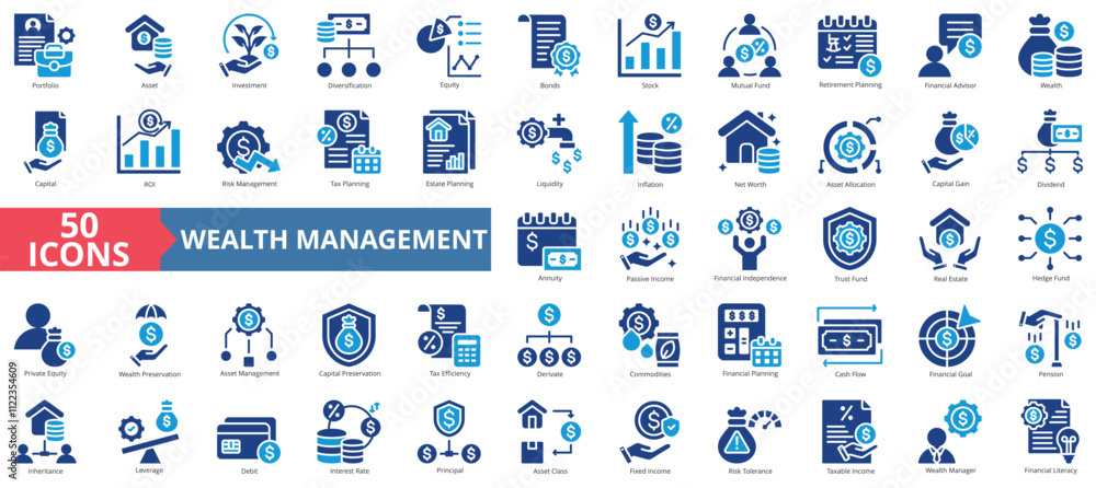 Obraz premium Wealth Management icon collection set. Containing asset, portfolio, investment, diversification, equity, bonds, stock icon. Simple flat vector.