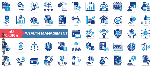 Wealth Management icon collection set. Containing asset, portfolio, investment, diversification, equity, bonds, stock icon. Simple flat vector.