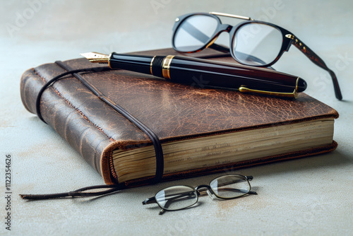 Vintage leather-bound journal with fountain pen and glasses photo