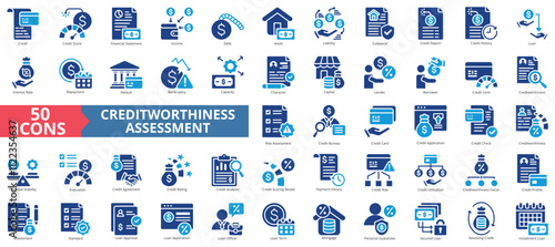 Creditworthiness assessment icon collection set. Containing credit, score, financial statement, income, debt, asset, liability, collateral icon. Simple flat vector.