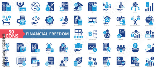 Financial freedom icon collection set. Containing capital, investment, saving, retirement, asset, budget, wealth icon. Simple flat vector.