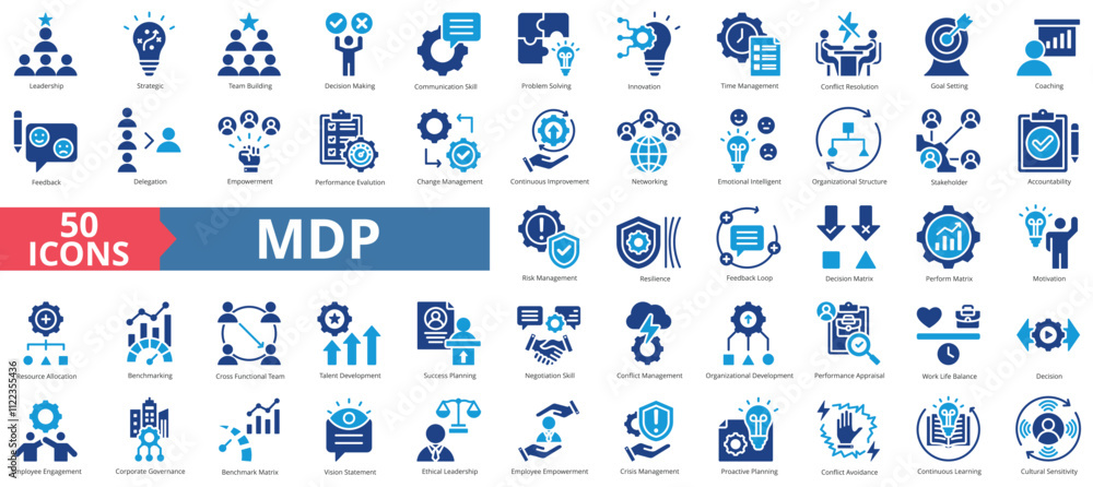 Management development program of mdp concept icon collection set. Containing leadership, strategic, team building, decision making, communication skill icon. Simple flat vector. Management development program of mdp concept icon collection set. Containing leadership, strategic, team building, decision making, communication skill icon. Simple flat vector.