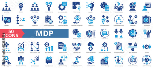 Management development program of mdp concept icon collection set. Containing leadership, strategic, team building, decision making, communication skill icon. Simple flat vector.