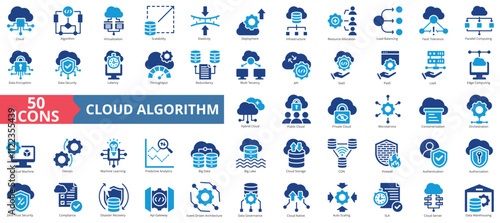 Cloud algorithm icon collection set. Containing edge computing, virtualization, scalability, elasticity, deployment icon. Simple flat vector.