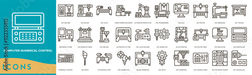 Computer Numerical Control icon. CNC Machine, CNC Milling, CNC Lathe, Computerized Machining and Automated Production