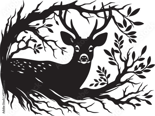 A deer peeking through a low hanging branch vector silhouette