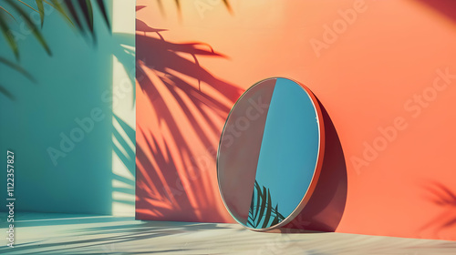 Summer Teal Orange Background with Round Mirror Illustration