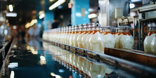 Wallpaper Mural A Row of Glass Bottles Filled with a Creamy Substance Moving Along a Conveyor Belt in a Modern Factory Torontodigital.ca