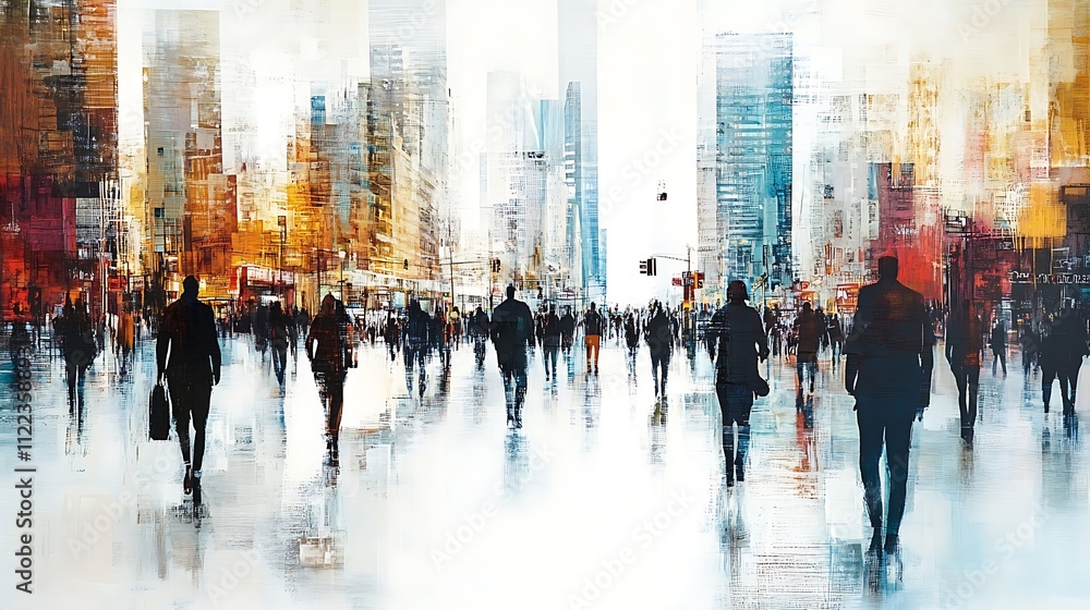 Obraz premium Abstract painting of city street with many people walking.
