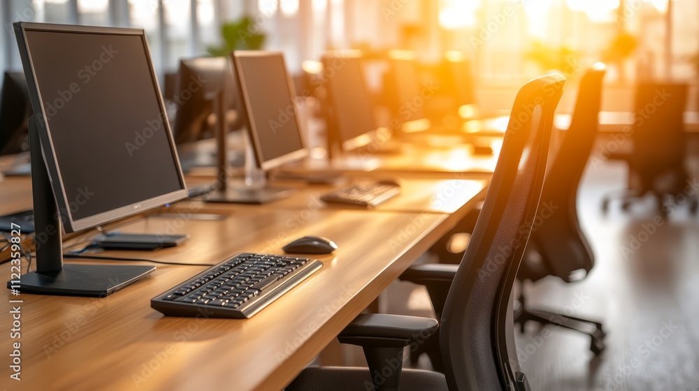 Fototapeta premium Enhance your productivity with a modern desk setup featuring keyboard and monitor for optimal workspace