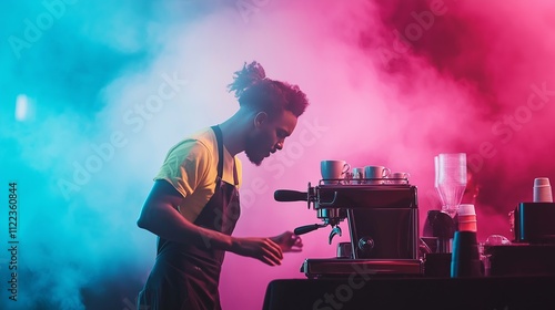 Barista operates espresso machine amidst colorful fog, reaching for coffee cups in vibrant underground setting