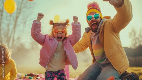 Joyful family dancing at a vibrant picnic rave party with toddlers in pastel attire and snacks nearby photo