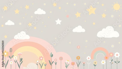 Scandinavian rainbow cartoon rainbows with clouds flowers stars pastel colors kids textile wallpaper vector set childish nursery design, elements, nursery