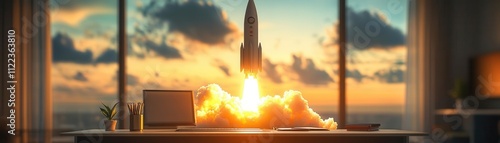 Energetic rocket soaring into the sky from an office desk, symbolizing the kickoff of a big project, Rocket launch, Business growth