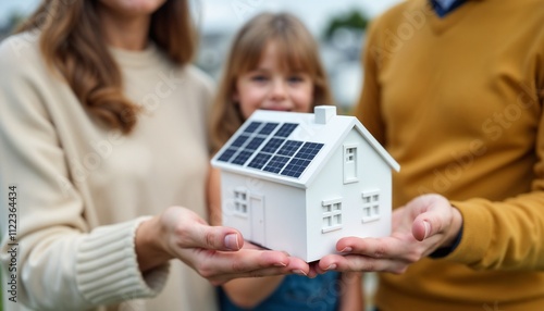 A family holds a model house with solar panels, symbolizing eco-friendly energy solutions and sustainable living. The focus is on renewable energy technology and environmental responsibility.

 photo