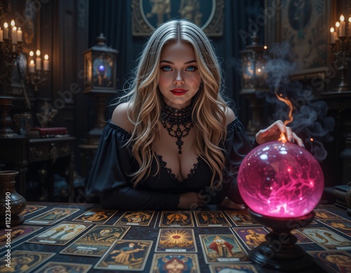 Portrait photo of a beautiful witch with a crystal ball, dark atmosphere and looks mysterious photo