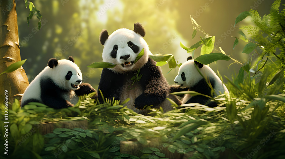Fototapeta premium Adorable Panda Family in Lush Forest Setting