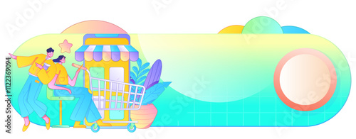 Holiday shopping people doing e-commerce online shopping flat vector concept operation hand drawn illustration
 photo