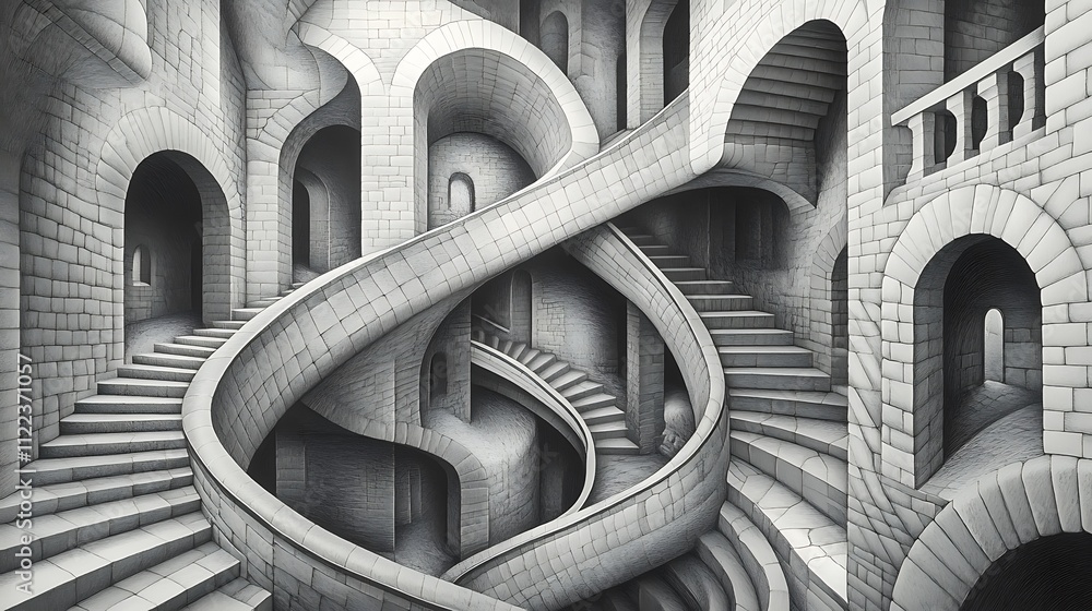 Obraz premium Monochromatic illustration of a complex, spiraling staircase within a stone castle.