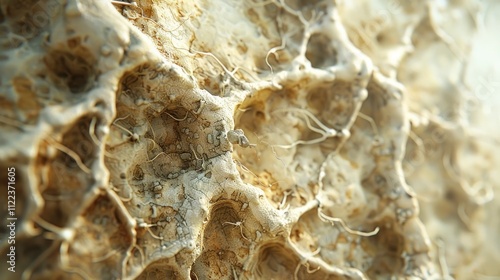 Closeup view of the intricate and weathered textural patterns found on the surface of natural marble or granite stone in earthy brown tan and beige color tones  The granular