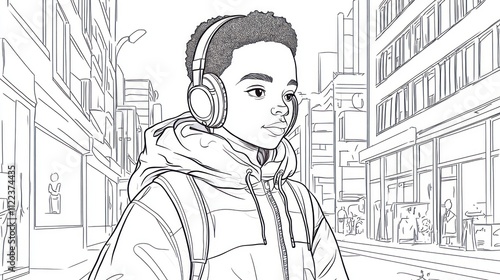 Pen-and-ink illustration of a young boy wearing headphones, walking down a city street. photo