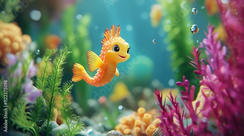 Fototapeta Naklejka Na Ścianę i Meble -  Adorable cartoon seahorse swims in vibrant coral reef.