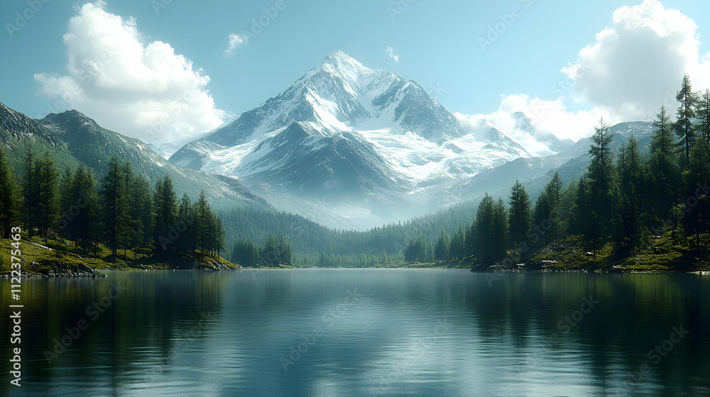 Fototapeta premium Majestic Mountain Lake Reflects Serenity, Tranquil Nature's Beauty