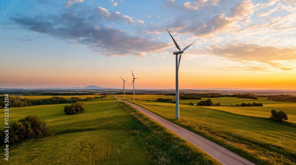 Obraz premium Serene Landscape with Wind Turbines During Sunset in a Rural Setting with Green Fields and Blue Sky
