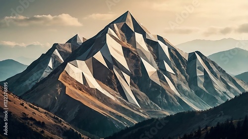 Geometric Mountain Landscape Under a Cloudy Sky photo