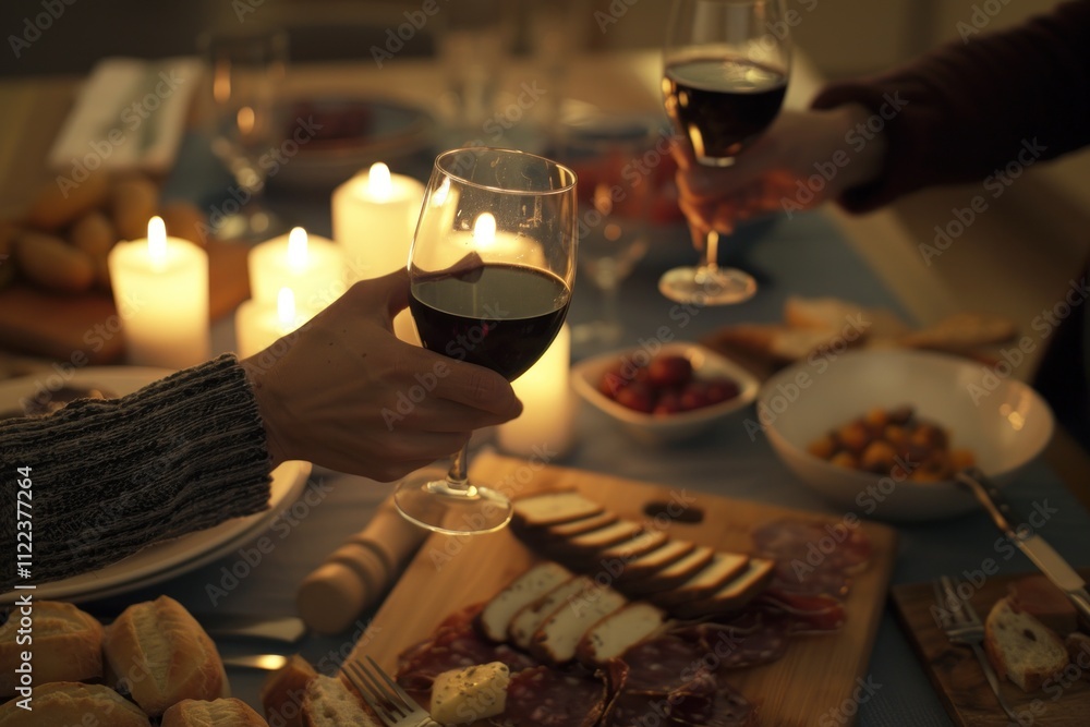 Fototapeta premium Couple toasting with red wine at a romantic candlelit dinner.