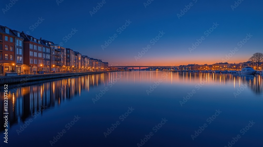 custom made wallpaper toronto digitalCalm twilight cityscape reflected in still water, showcasing colorful buildings and a bridge at sunset.