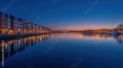 Wallpaper Mural Calm twilight cityscape reflected in still water, showcasing colorful buildings and a bridge at sunset. Torontodigital.ca