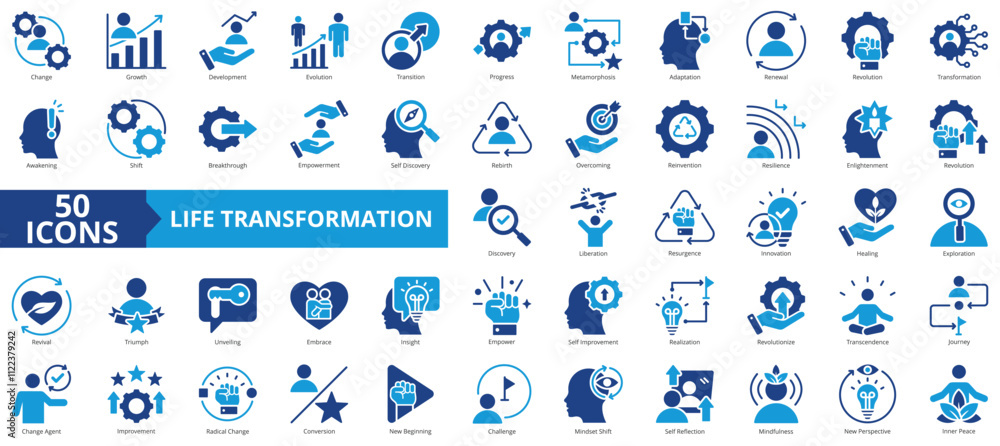 Obraz premium Life transformation icon collection set. Containing change, growth, development, evolution, transition, progress, metamorphosis, adaptation, renewal icon. Simple flat vector illustration.