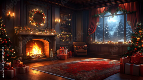 Wallpaper Mural Cozy Christmas Room: Fireplace, Presents, Winter Wonderland View Torontodigital.ca