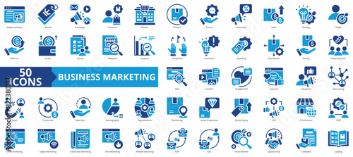 Business marketing icon collection set. Containing advertisement , brand, campaign, customer, market, product, service, promotion, and sales icon. Simple flat vector illustration.