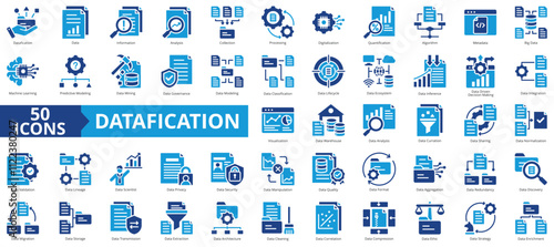 Datafication icon collection set. Containing information, analysis, data collection, processing, digitalization, and quantification icon. Simple flat vector illustration.