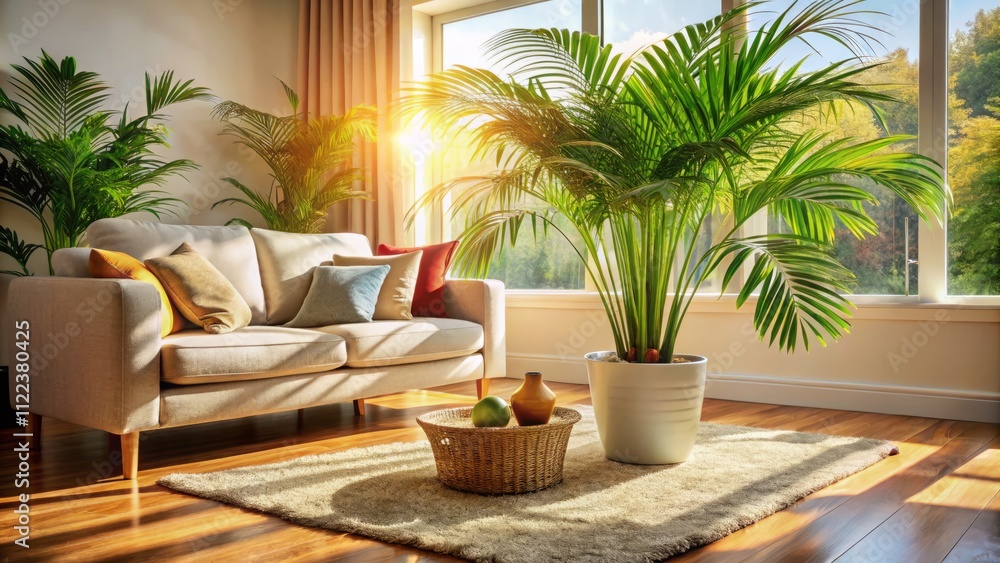 Fototapeta premium Lush Areca Palm Houseplant in a Cozy Living Room Setting with Natural Light and Decor Enhancements for a Warm Atmosphere