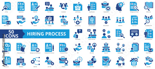 Hiring process icon collection set. Containing application, resume, interview, candidate, job posting, qualification, experience icon. Simple flat vector.