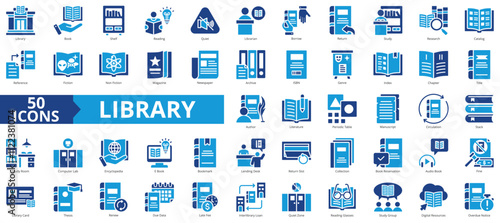 Library icon collection set. Containing book, shelf, reading, quiet, librarian, borrow, return, study, research icon. Simple flat vector.