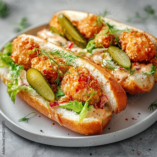 Closeup baguettes with scampi, salad, gherkins and mayo, blurred background, space for text