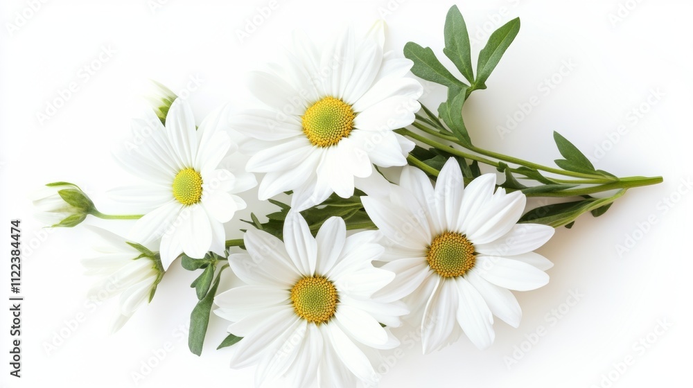 Obraz premium Beautiful white daisies with green leaves arranged delicately for decorative purposes