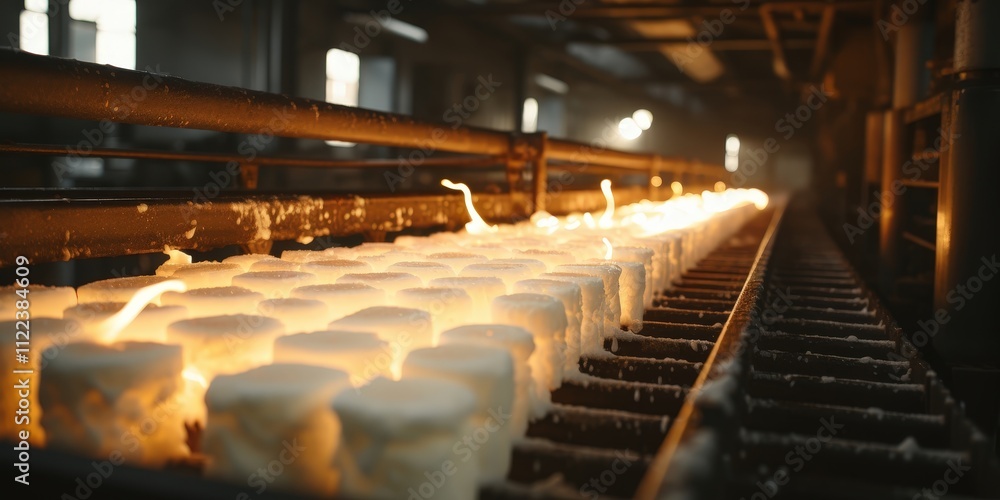 Fototapeta premium A close-up of a candle making factory production line, showcasing a row of newly-made white candles on a conveyor belt, illuminated by warm, flickering flames.