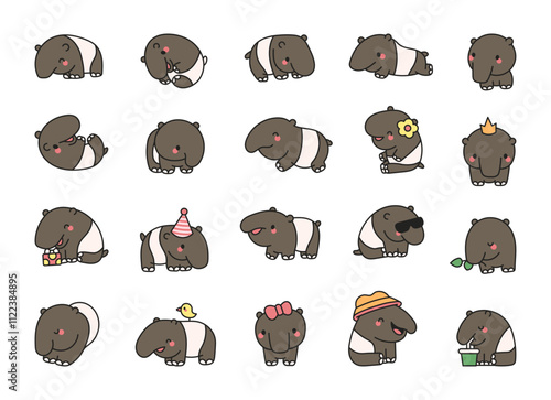 Cute kawaii tapir character animal set with various funny poses including sitting, standing, eating, with charming accessories like hat, crown, bow, gift