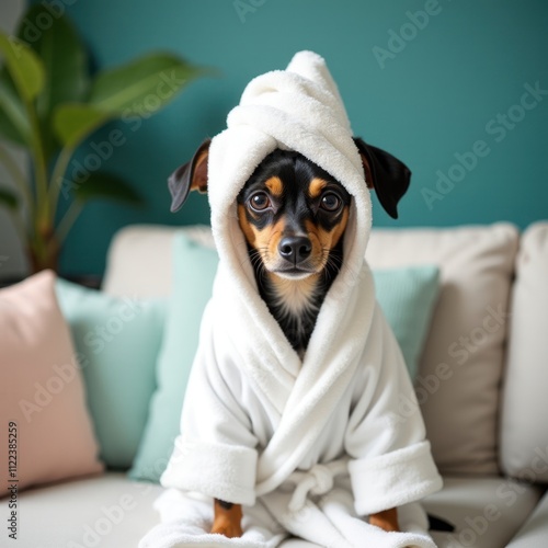 Pampered Dog in Spa Robe. Concept of Services for Dogs and Pet Care. Funny Pose