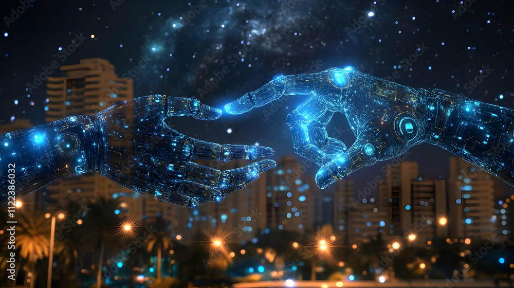 Fototapeta premium Robotic Hands Connect, Future Tech Cityscape at Night