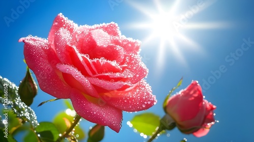 Vibrant Pink Roses with Dew Drops. photo