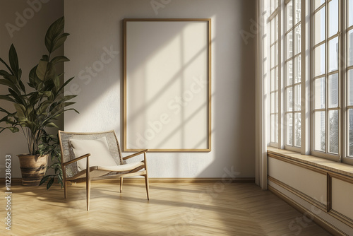 A tall blank frame standing against a wall in a Scandinavian-style room with light wood flooring