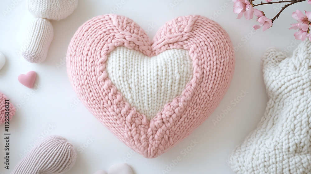 Fototapeta premium Top View of a Decorative Handmade Pillow with Heart Design in Soft Pastel Colors Cozy Home Decor Inspiration 