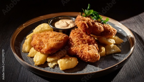 A close-up of Dutch kibbeling, fried fish pieces served with a garlic sauce, illuminated by soft, dramatic lighting to highlight the golden, crispy texture. photo