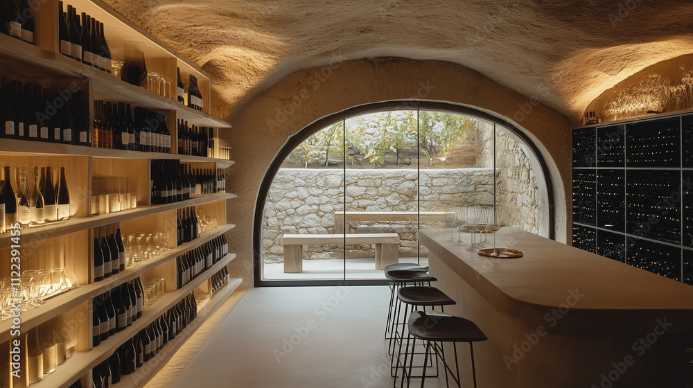Fototapeta premium Wine Glass and Cellar Scene Captured with Minimalist Design, Restaurant Daylight Setting.